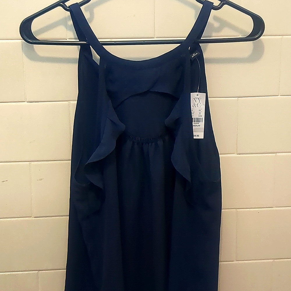 Ruffle navy blue tank with tie in back